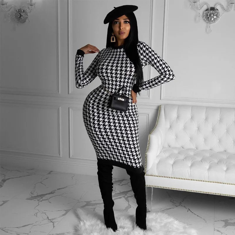 Houndstooth Print Women Long Sleeve Midi Dress