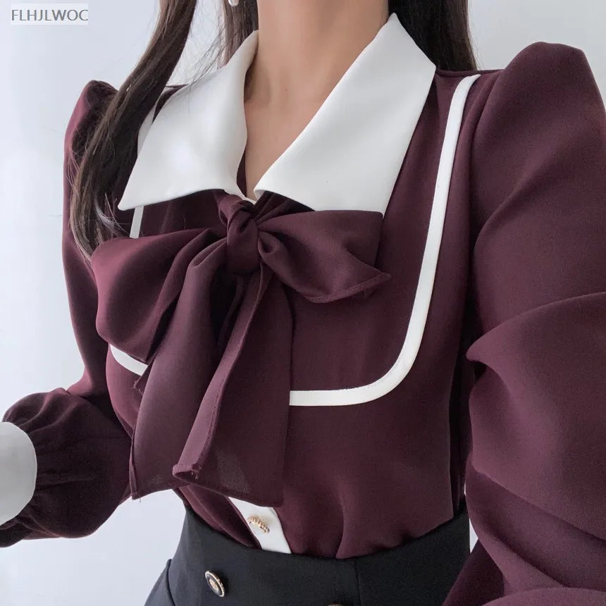 Women's Cute Bow Tie Tops Preppy Style Vintage Japan Korea Design Single Breasted Button Elegant Formal Red Black Shirts Blouses