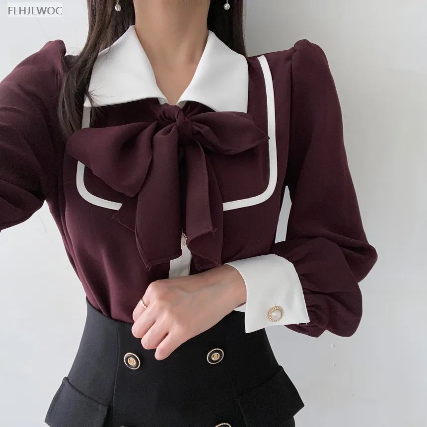 Women's Cute Bow Tie Tops Preppy Style Vintage Japan Korea Design Single Breasted Button Elegant Formal Red Black Shirts Blouses