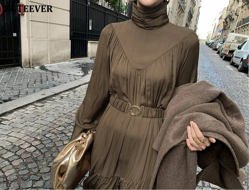 BGTEEVER Elegant Long Sleeve A-line Dress Women Mid-Long Loose Dress Female Vintage Turtleneck Spring Dress Vestidos Femme Robe