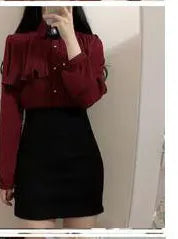 Women's Cute Bow Tie Tops Preppy Style Vintage Japan Korea Design Single Breasted Button Elegant Formal Red Black Shirts Blouses