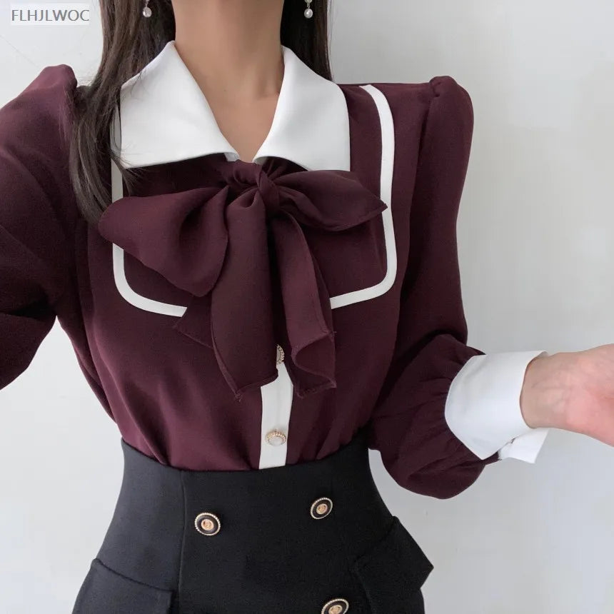 Women's Cute Bow Tie Tops Preppy Style Vintage Japan Korea Design Single Breasted Button Elegant Formal Red Black Shirts Blouses