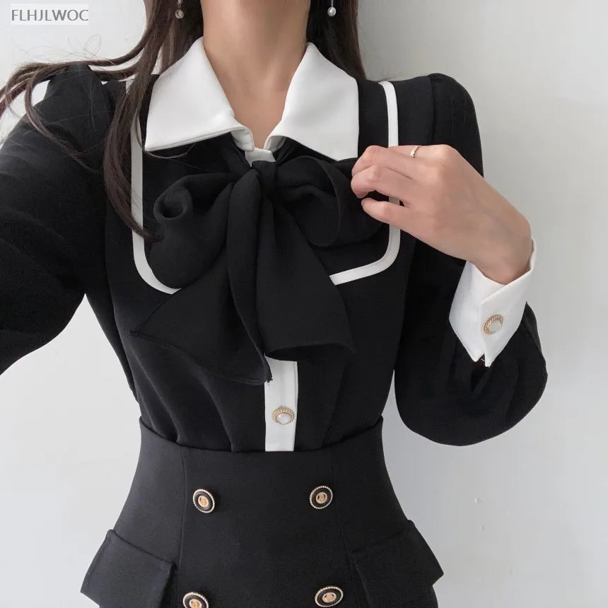 Women's Cute Bow Tie Tops Preppy Style Vintage Japan Korea Design Single Breasted Button Elegant Formal Red Black Shirts Blouses