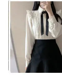 Women's Cute Bow Tie Tops Preppy Style Vintage Japan Korea Design Single Breasted Button Elegant Formal Red Black Shirts Blouses