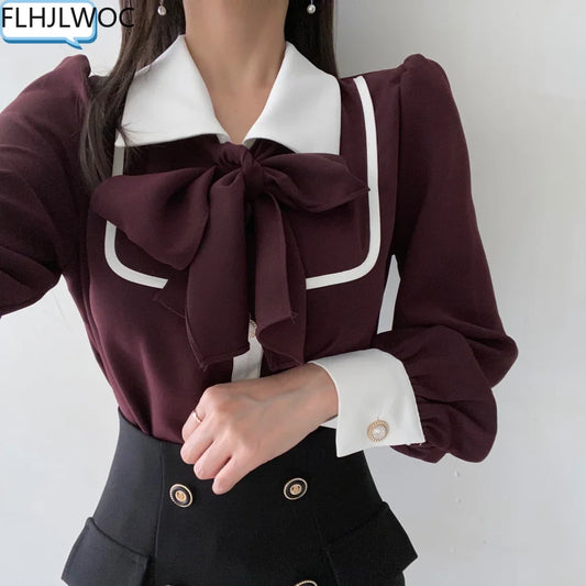 Women's Cute Bow Tie Tops Preppy Style Vintage Japan Korea Design Single Breasted Button Elegant Formal Red Black Shirts Blouses