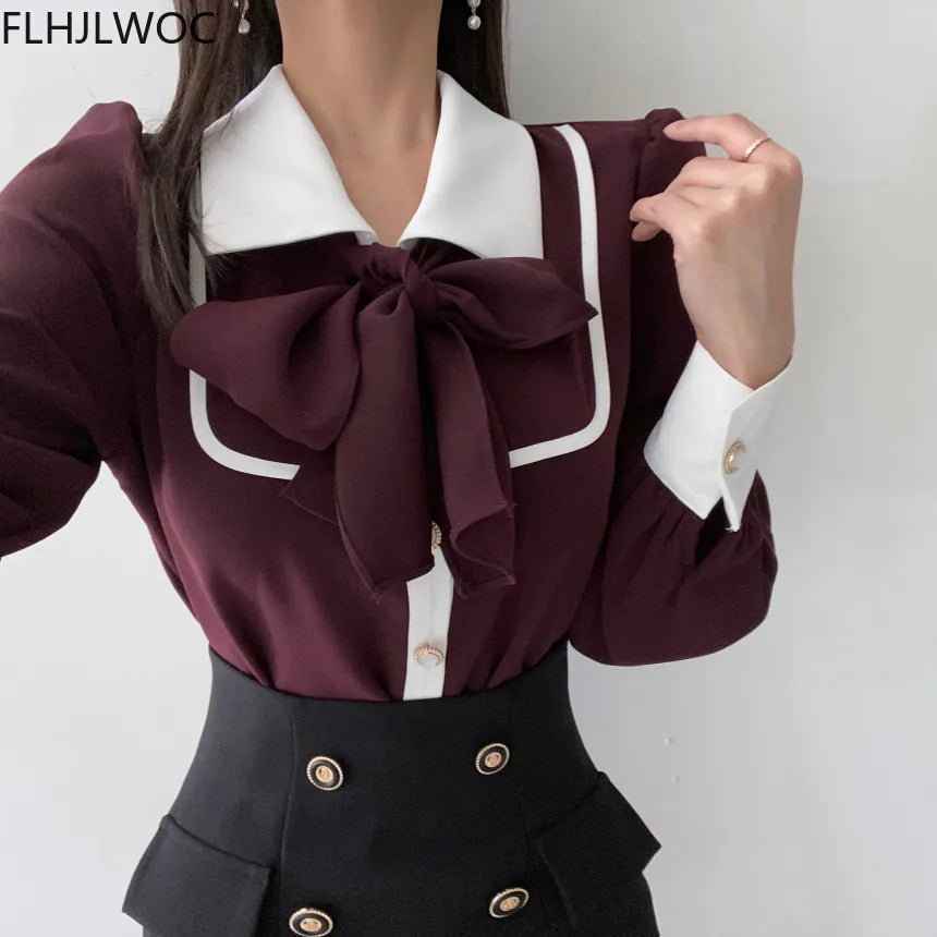 Women's Cute Bow Tie Tops Preppy Style Vintage Japan Korea Design Single Breasted Button Elegant Formal Red Black Shirts Blouses