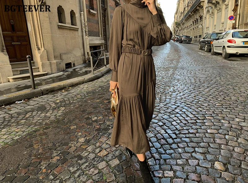 BGTEEVER Elegant Long Sleeve A-line Dress Women Mid-Long Loose Dress Female Vintage Turtleneck Spring Dress Vestidos Femme Robe