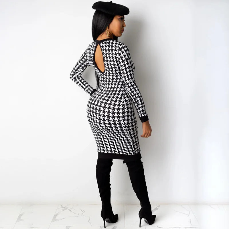 Houndstooth Print Women Long Sleeve Midi Dress