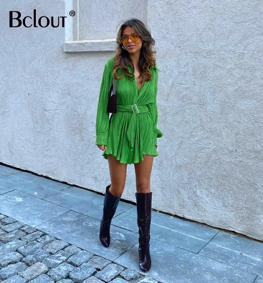 Bclout Green Pleated Sexy Dress Women High Waist Fashion Sashes Shirt Dresses Elegant Party Single Breasted Mini Dress Vintage