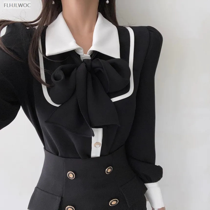 Women's Cute Bow Tie Tops Preppy Style Vintage Japan Korea Design Single Breasted Button Elegant Formal Red Black Shirts Blouses