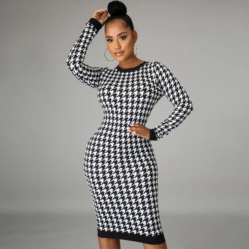 Houndstooth Print Women Long Sleeve Midi Dress