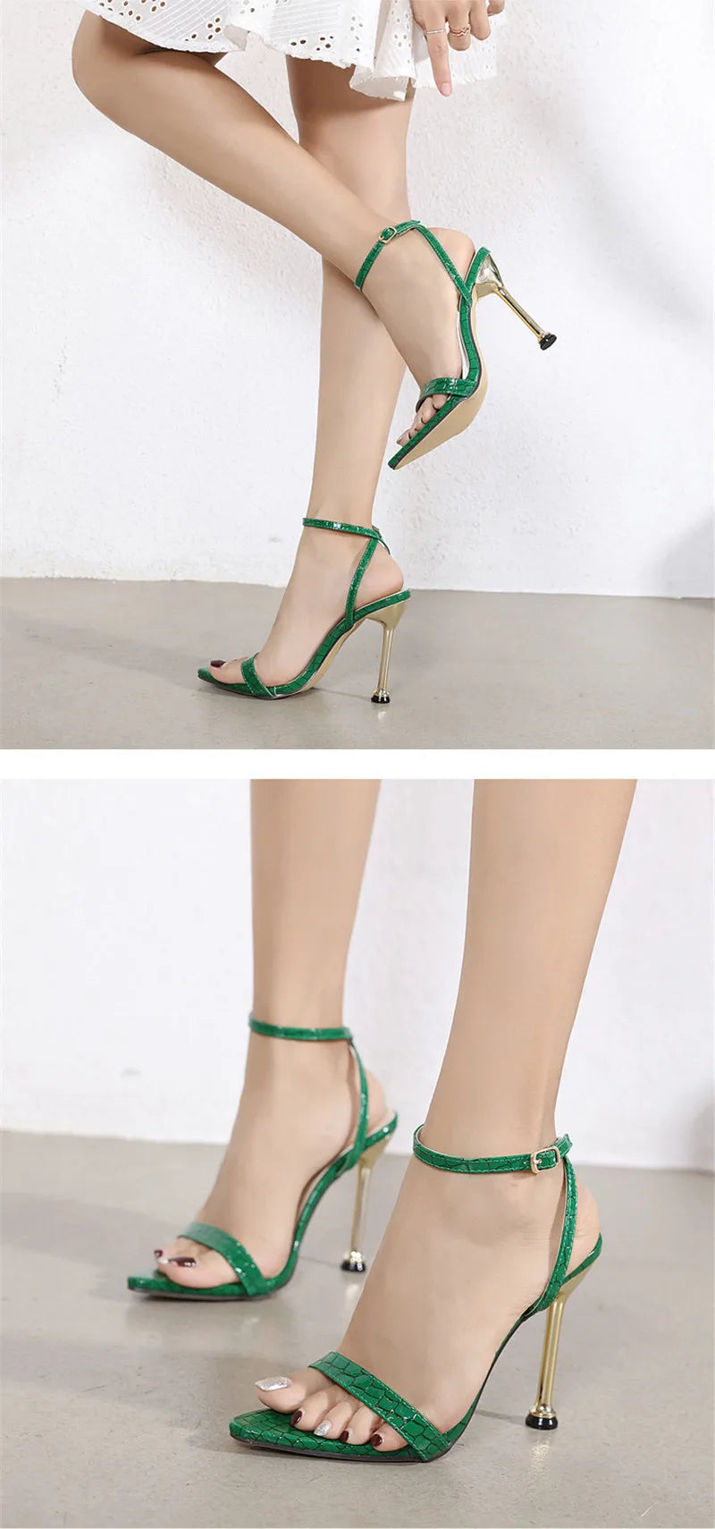 Eilyken Narrow Band Ankle Buckle Strap Green High Heels Sandals Women's Pointed Toe Party Female Shoes Sandalias Mujer