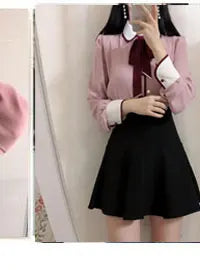 Women's Cute Bow Tie Tops Preppy Style Vintage Japan Korea Design Single Breasted Button Elegant Formal Red Black Shirts Blouses