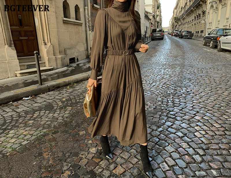 BGTEEVER Elegant Long Sleeve A-line Dress Women Mid-Long Loose Dress Female Vintage Turtleneck Spring Dress Vestidos Femme Robe