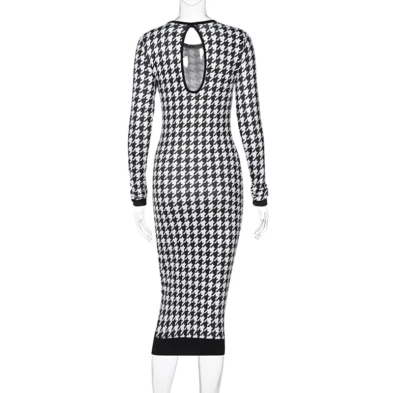 Houndstooth Print Women Long Sleeve Midi Dress