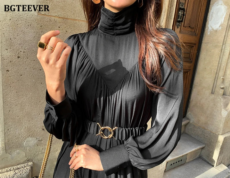 BGTEEVER Elegant Long Sleeve A-line Dress Women Mid-Long Loose Dress Female Vintage Turtleneck Spring Dress Vestidos Femme Robe