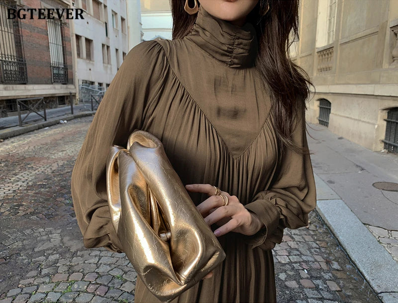 BGTEEVER Elegant Long Sleeve A-line Dress Women Mid-Long Loose Dress Female Vintage Turtleneck Spring Dress Vestidos Femme Robe