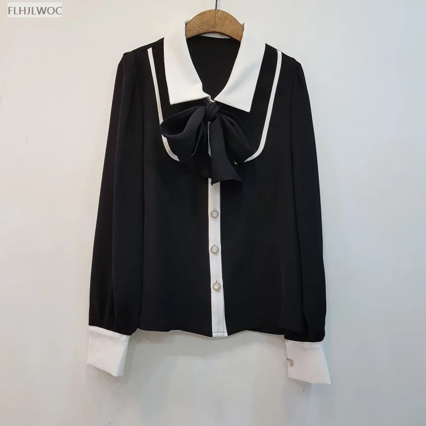 Women's Cute Bow Tie Tops Preppy Style Vintage Japan Korea Design Single Breasted Button Elegant Formal Red Black Shirts Blouses