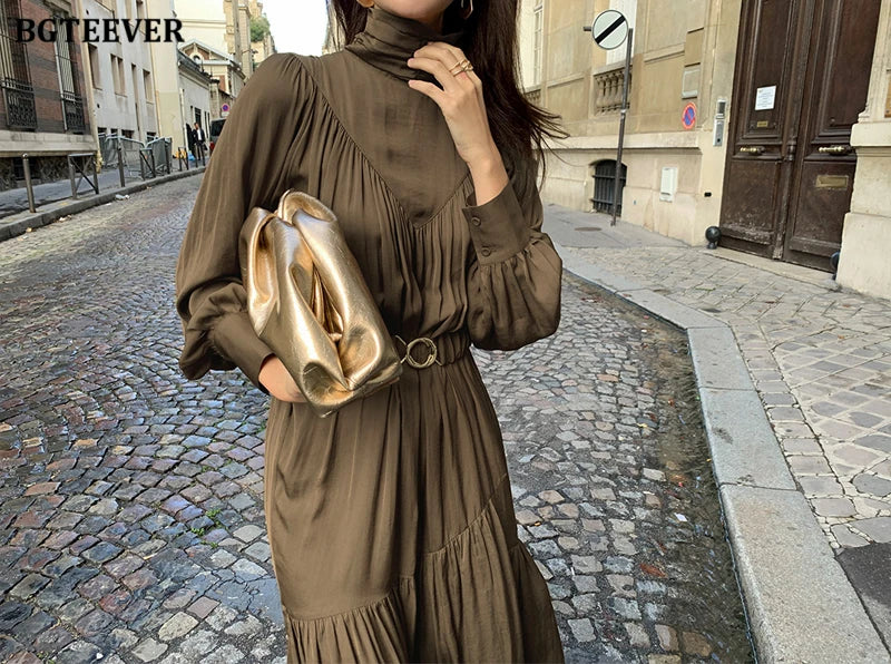 BGTEEVER Elegant Long Sleeve A-line Dress Women Mid-Long Loose Dress Female Vintage Turtleneck Spring Dress Vestidos Femme Robe