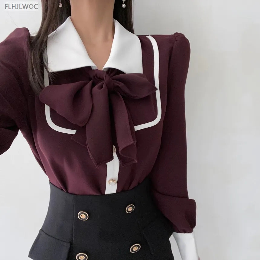 Women's Cute Bow Tie Tops Preppy Style Vintage Japan Korea Design Single Breasted Button Elegant Formal Red Black Shirts Blouses