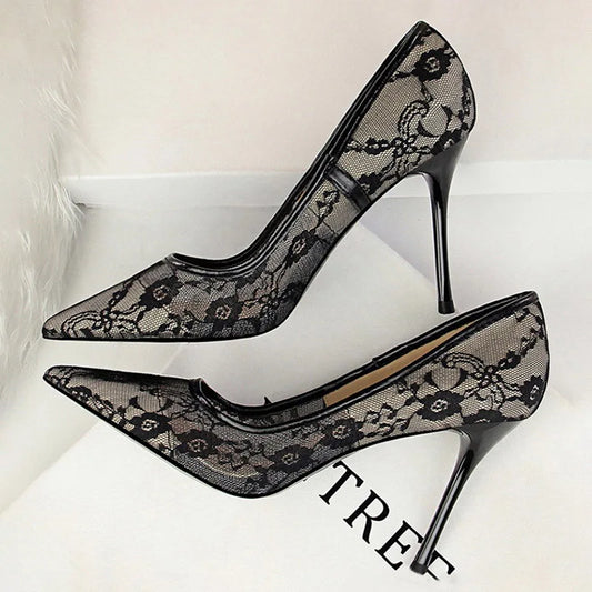 BIGTREE Shoes Mesh Hollow Lace Woman Pumps 2025 Spring Women Heels Sexy Party Shoes Thin Stiletto Heels Women Shoes 6 Colour