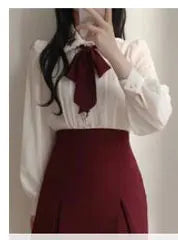 Women's Cute Bow Tie Tops Preppy Style Vintage Japan Korea Design Single Breasted Button Elegant Formal Red Black Shirts Blouses