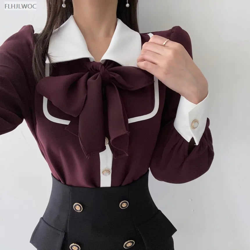 Women's Cute Bow Tie Tops Preppy Style Vintage Japan Korea Design Single Breasted Button Elegant Formal Red Black Shirts Blouses