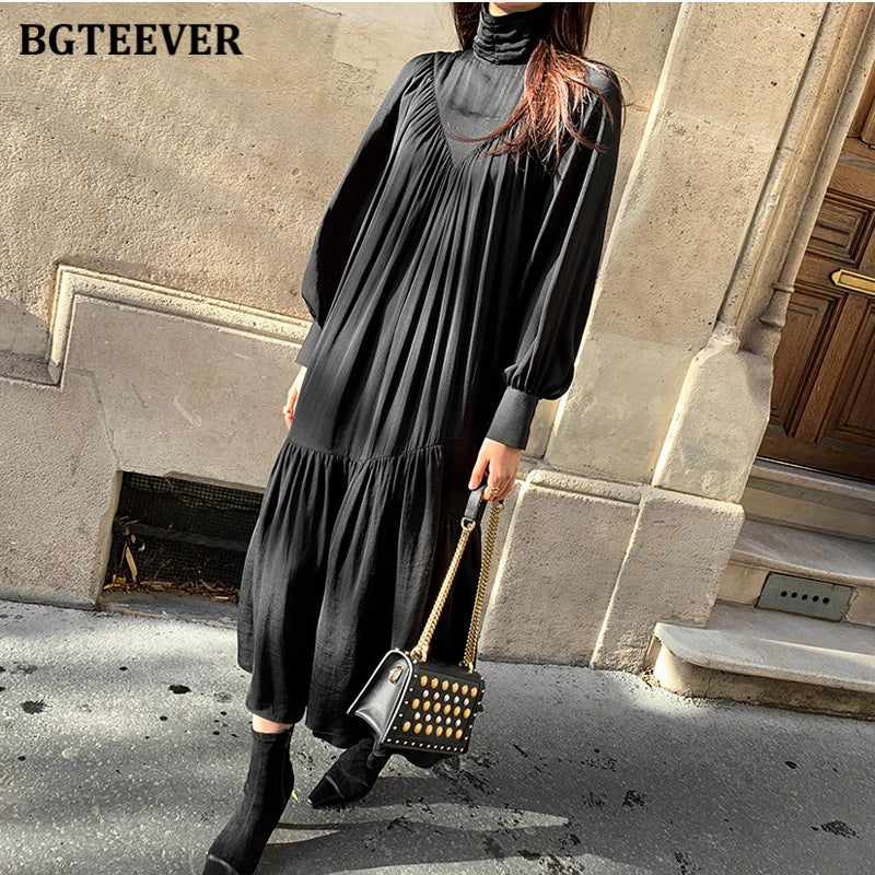 BGTEEVER Elegant Long Sleeve A-line Dress Women Mid-Long Loose Dress Female Vintage Turtleneck Spring Dress Vestidos Femme Robe