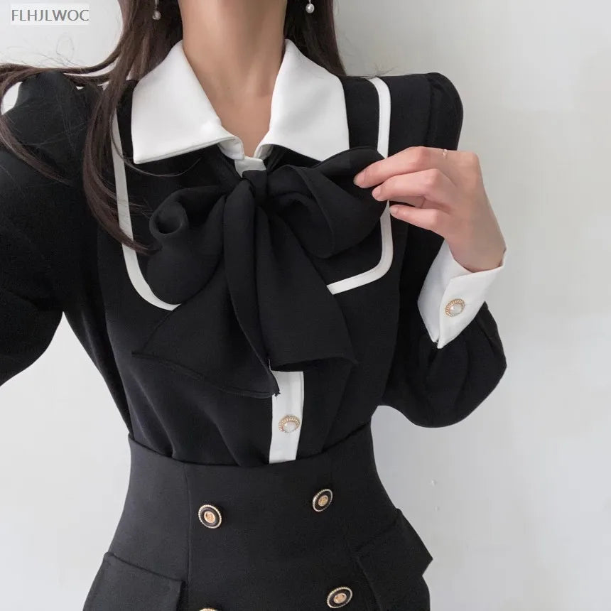 Women's Cute Bow Tie Tops Preppy Style Vintage Japan Korea Design Single Breasted Button Elegant Formal Red Black Shirts Blouses