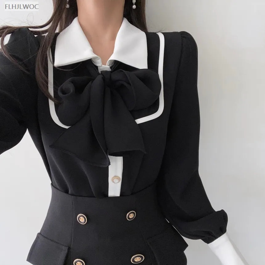 Women's Cute Bow Tie Tops Preppy Style Vintage Japan Korea Design Single Breasted Button Elegant Formal Red Black Shirts Blouses