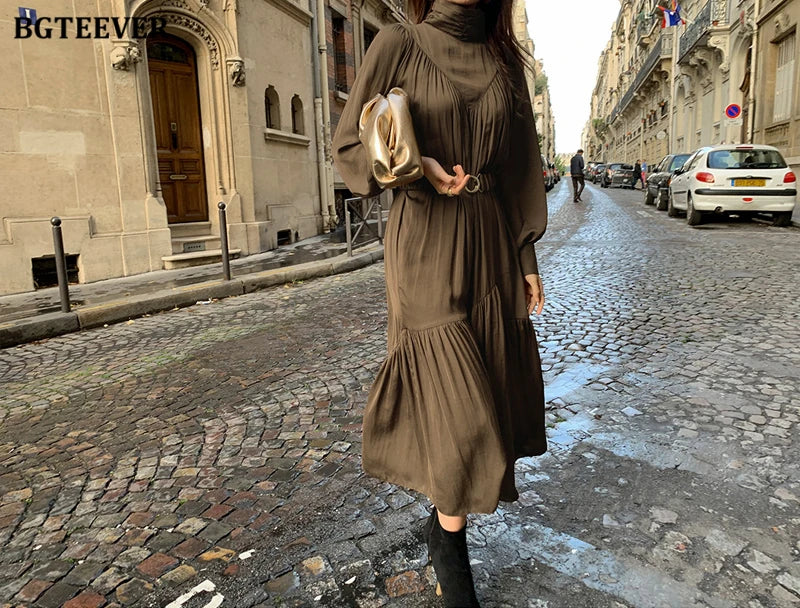 BGTEEVER Elegant Long Sleeve A-line Dress Women Mid-Long Loose Dress Female Vintage Turtleneck Spring Dress Vestidos Femme Robe