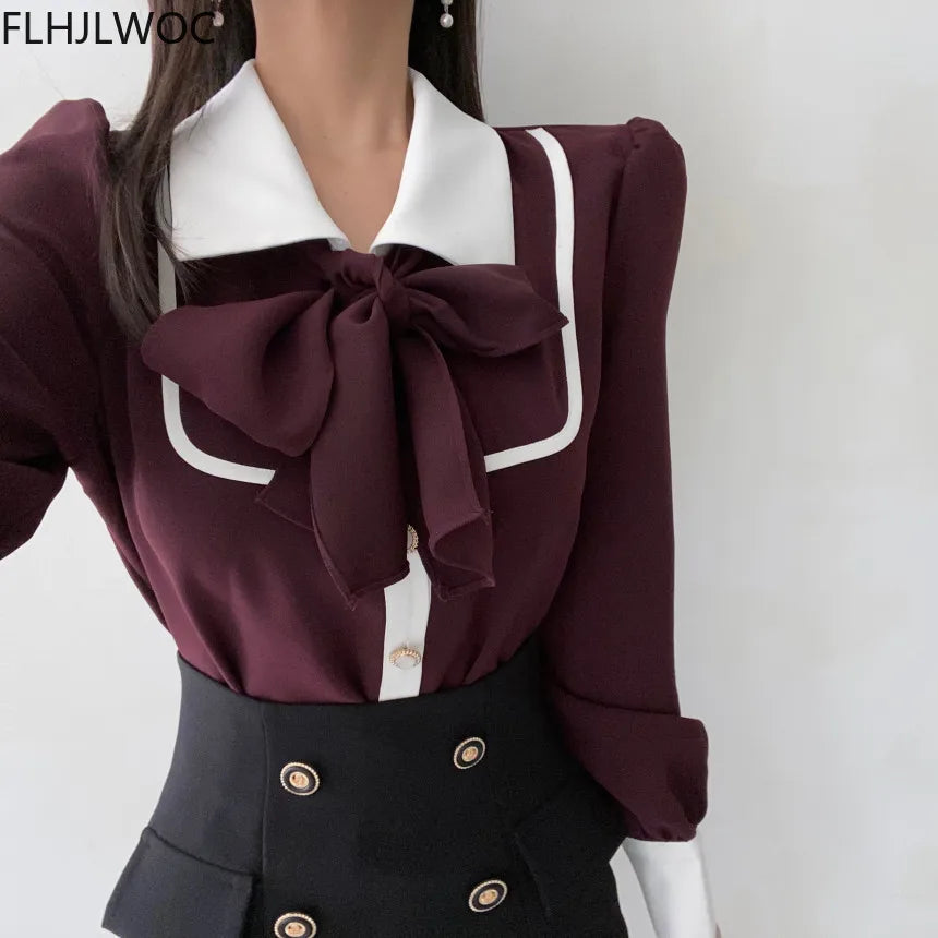 Women's Cute Bow Tie Tops Preppy Style Vintage Japan Korea Design Single Breasted Button Elegant Formal Red Black Shirts Blouses