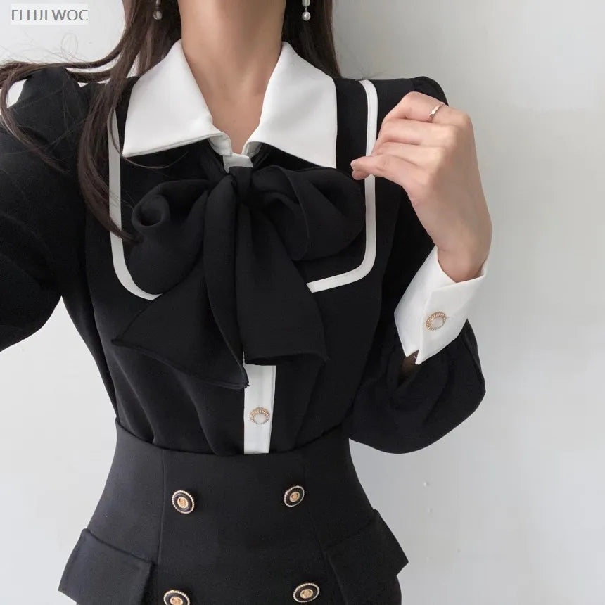 Women's Cute Bow Tie Tops Preppy Style Vintage Japan Korea Design Single Breasted Button Elegant Formal Red Black Shirts Blouses