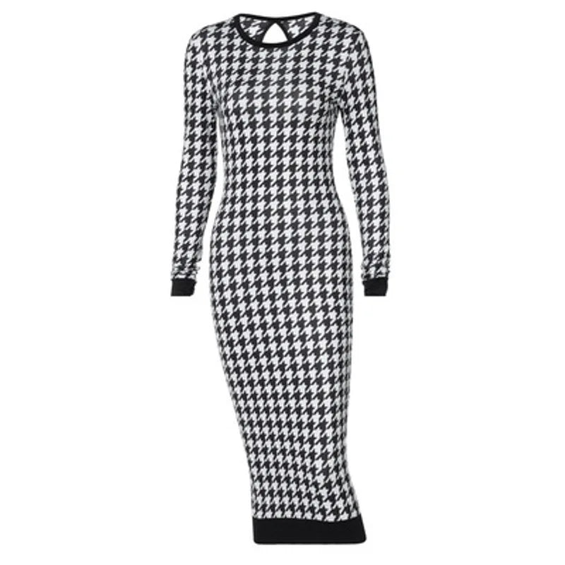 Houndstooth Print Women Long Sleeve Midi Dress