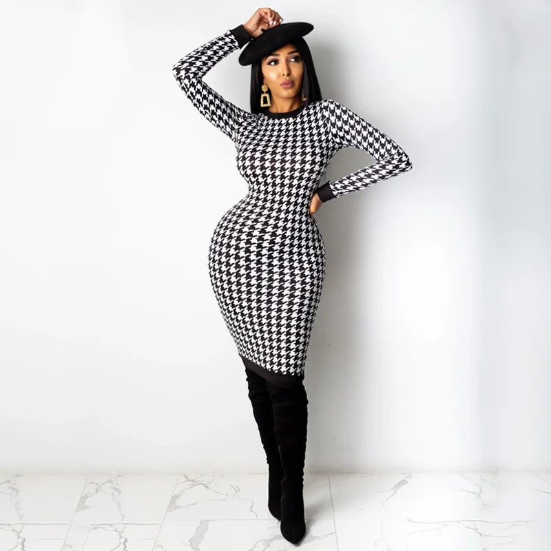 Houndstooth Print Women Long Sleeve Midi Dress