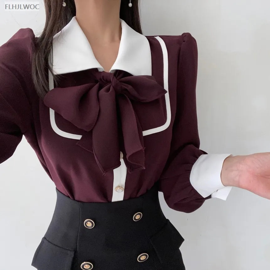 Women's Cute Bow Tie Tops Preppy Style Vintage Japan Korea Design Single Breasted Button Elegant Formal Red Black Shirts Blouses