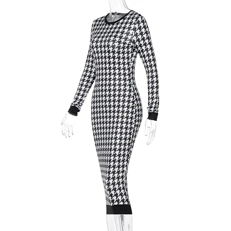 Houndstooth Print Women Long Sleeve Midi Dress