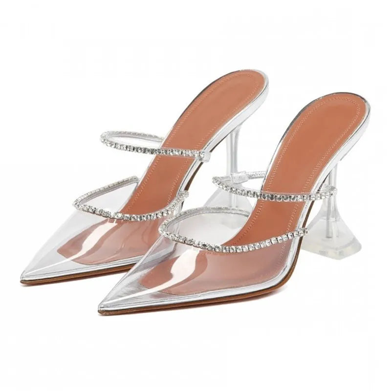 2024 Rhinestones satin Women Pumps Slippers Elegant Pointed toe High heels Lady Mules Sildes Summer Fashion Party prom Shoes