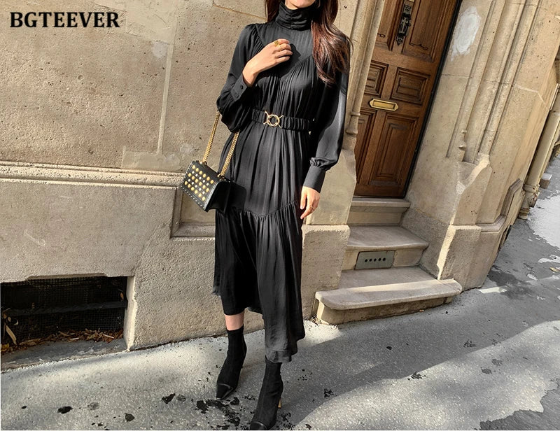 BGTEEVER Elegant Long Sleeve A-line Dress Women Mid-Long Loose Dress Female Vintage Turtleneck Spring Dress Vestidos Femme Robe