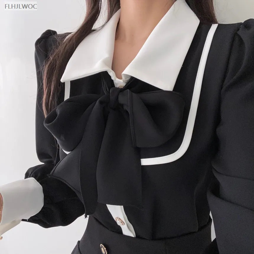 Women's Cute Bow Tie Tops Preppy Style Vintage Japan Korea Design Single Breasted Button Elegant Formal Red Black Shirts Blouses