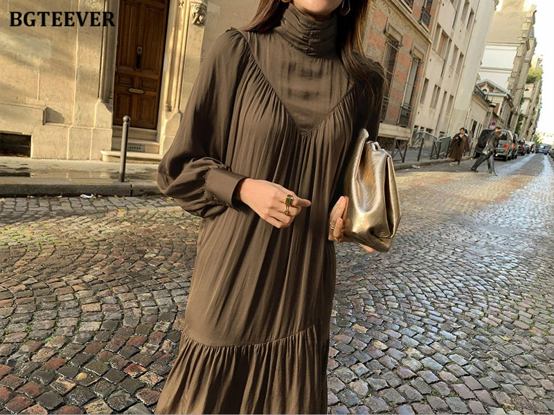 BGTEEVER Elegant Long Sleeve A-line Dress Women Mid-Long Loose Dress Female Vintage Turtleneck Spring Dress Vestidos Femme Robe