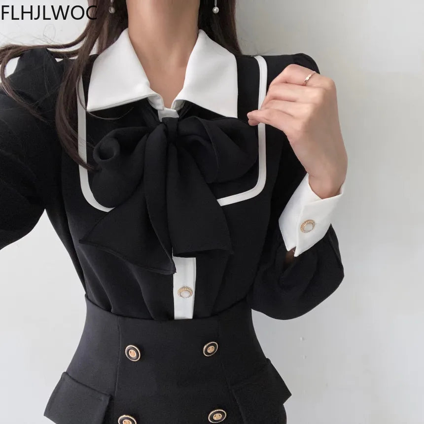 Women's Cute Bow Tie Tops Preppy Style Vintage Japan Korea Design Single Breasted Button Elegant Formal Red Black Shirts Blouses