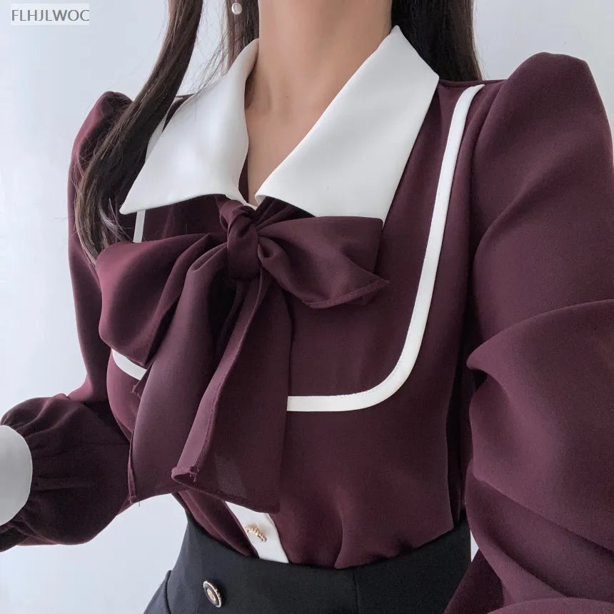 Women's Cute Bow Tie Tops Preppy Style Vintage Japan Korea Design Single Breasted Button Elegant Formal Red Black Shirts Blouses