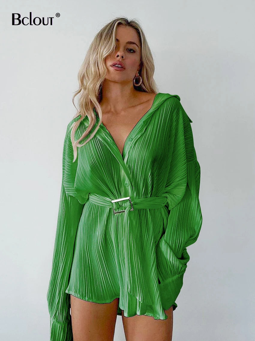 Bclout Green Pleated Sexy Dress Women High Waist Fashion Sashes Shirt Dresses Elegant Party Single Breasted Mini Dress Vintage