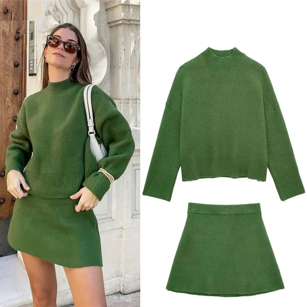 Elegant Women's Slim Dress 2-piece Set Loose Ribbed Solid Color Sweater Suit Elastic High Waist A-Line Women's Mini Skirt Set