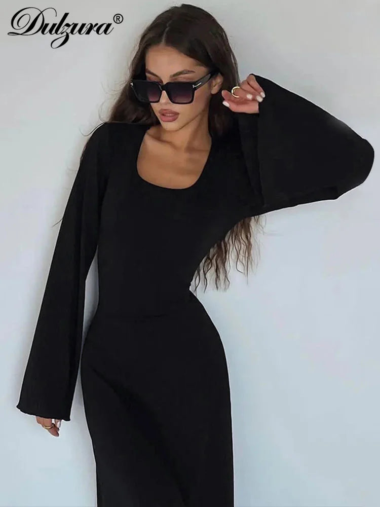 Dulzura Solid Ribbed Trumpet Sleeves Maxi Dress Back Lace-Up Straps Elegant Casual 2023 Autumn Winter For Women Birthday