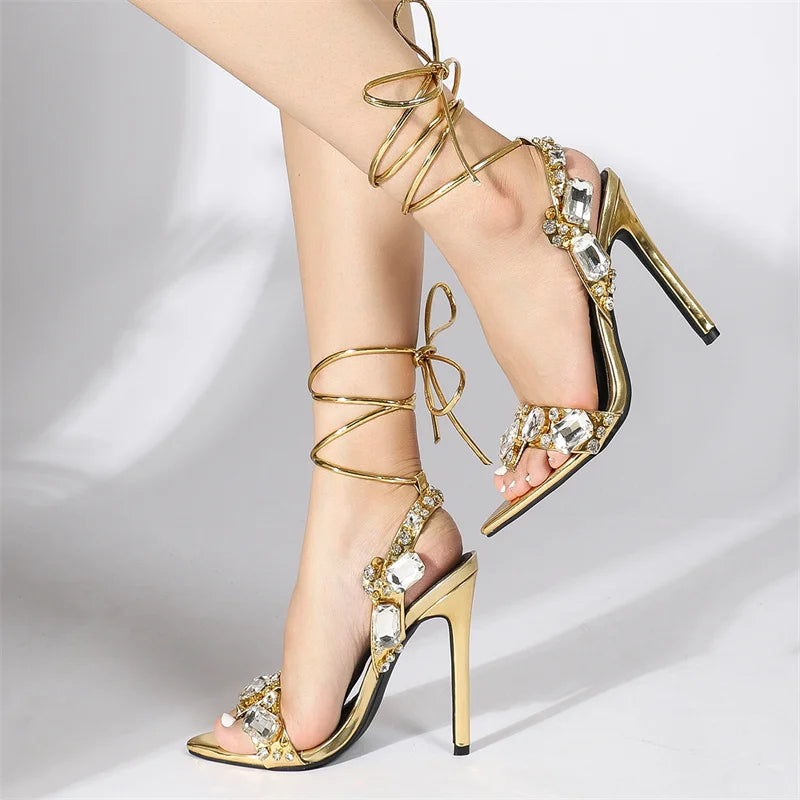 Liyke Sexy Ankle Strap Golded Sandals Women Party Nightclub Stripper Heels High Quality Crystal Diamond Pointed Toe Wedding Shoe