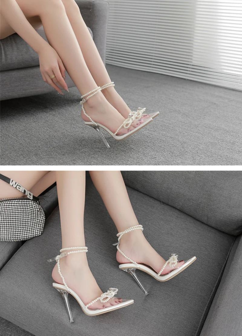 Liyke Sexy White String Bead Women Transparent High Heels Summer Fashion Butterfly-Knot Clear Sandals Pointed Toe Shoes Pumps