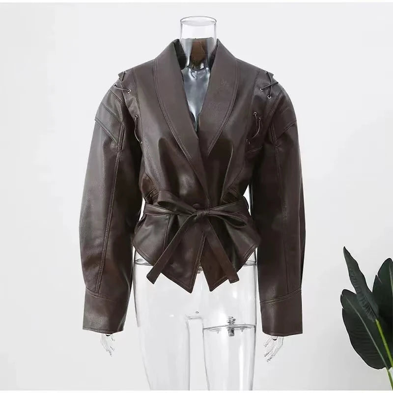 TRAFZA Female Street Leather Jacket 2024 Autumn Women's Versatile Brown Long Sleeves V-neck Single Breasted Lace-up Causal Coats