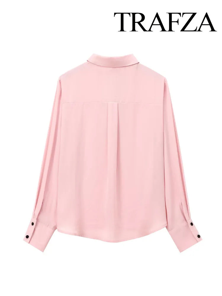 TRAFZA Autumn Fashion Women Blouses Pink Turn-Down Collar Long Sleeve Bow Decorate Single Breasted Female Casual Chic Shirts